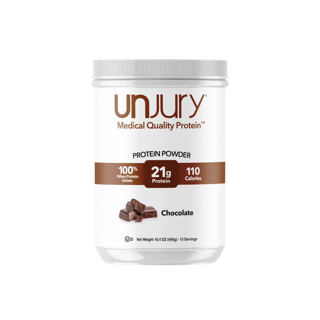 Unjury Protein Powder Available in a variety of flavors including chocolate, vanilla, and chicken soup.