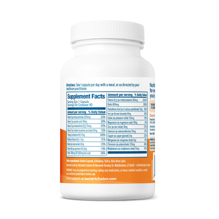 One PER Day Bariatric Multivitamin Capsule With 45mg Iron 90 Capsule bottle supplement facts.