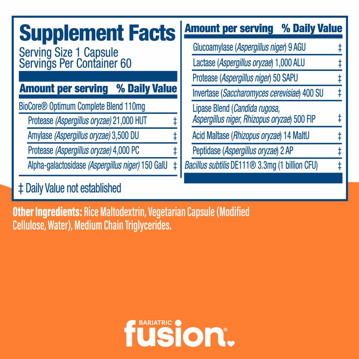 Bariatric Digestive Support: Digestive Enzymes and probiotics capsules supplement facts.