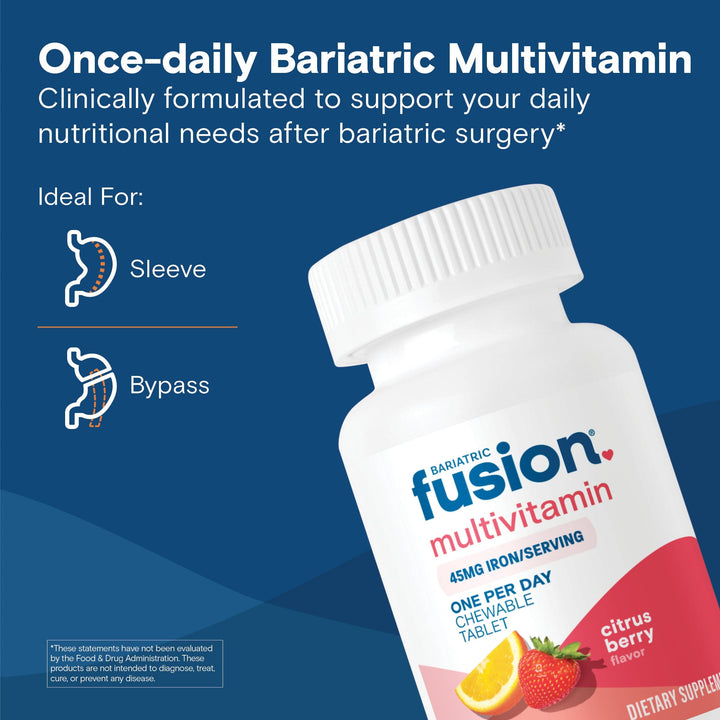 Bariatric Fusion One Per Day Chewable Multivitamin with 45mg Iron is deal for individuals who have had gastric bypass or sleeve gastrectomy.