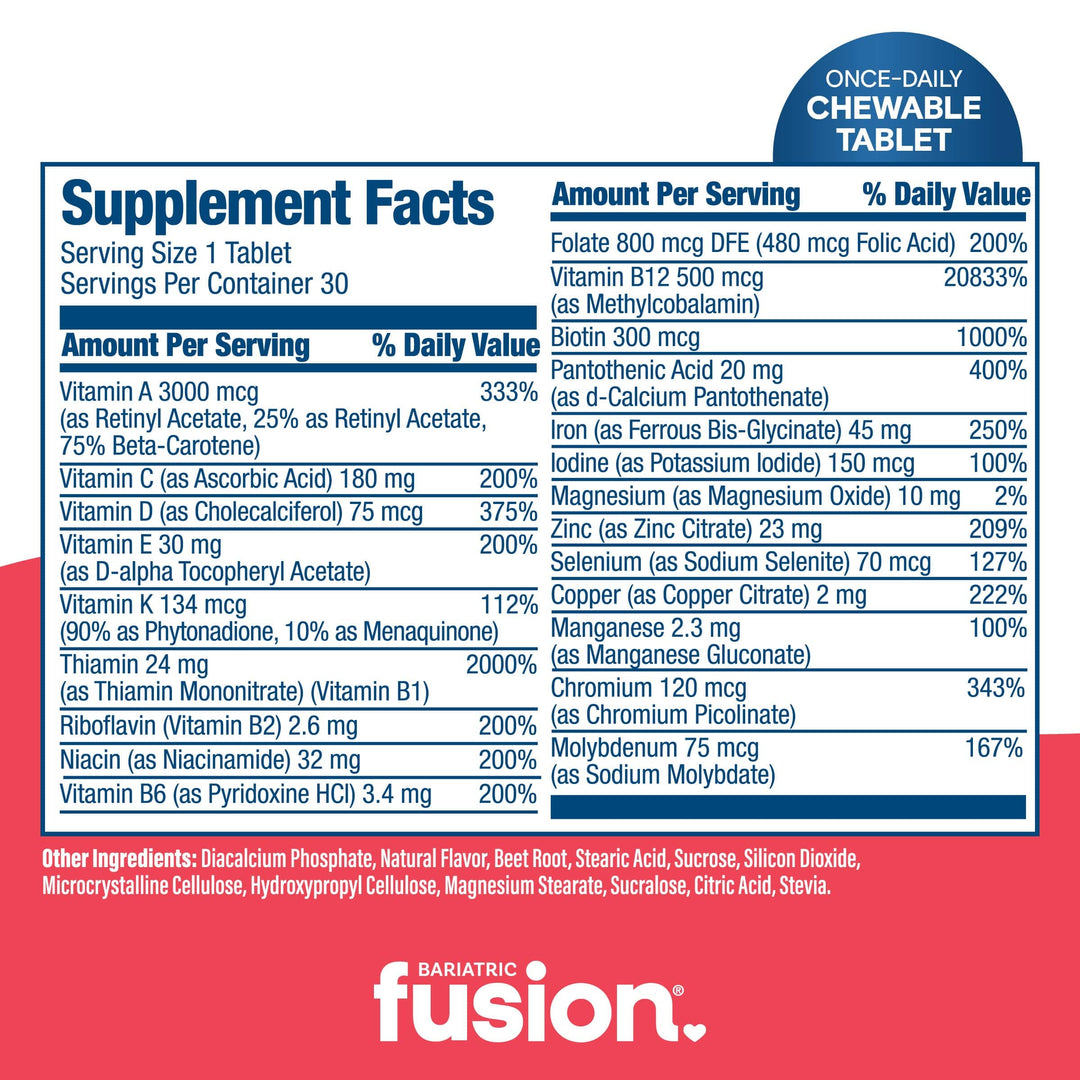 Bariatric Fusion One Per Day Chewable Multivitamin with 45mg Iron supplement facts.