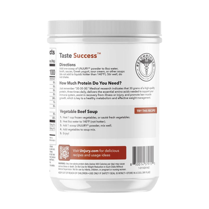 Unjury Beef & Herb Savory High Whey Protein Powder Side Panel of Container