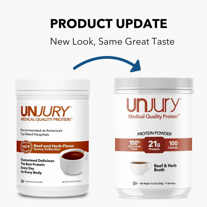 Unjury Beef & Herb Savory High Whey Protein Powder New Look, Same Great Taste.