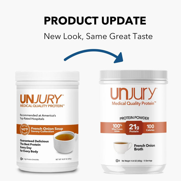 Unjury French Onion Soup High Whey Protein Powder New Look, Same Great Taste.