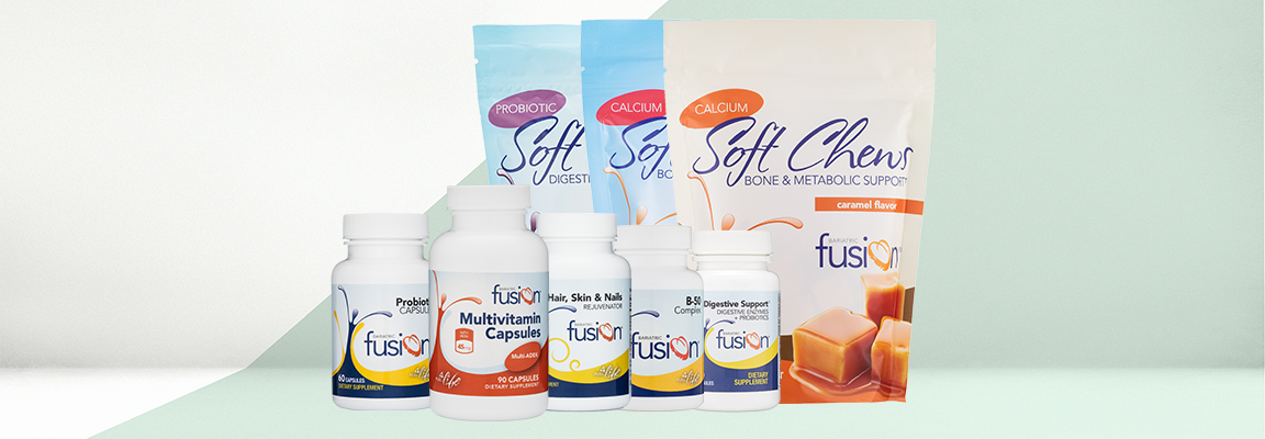 A collection of Bariatric Fusion products including probiotics, calcium soft chews, and hair, skin, and nails rejuenvator.