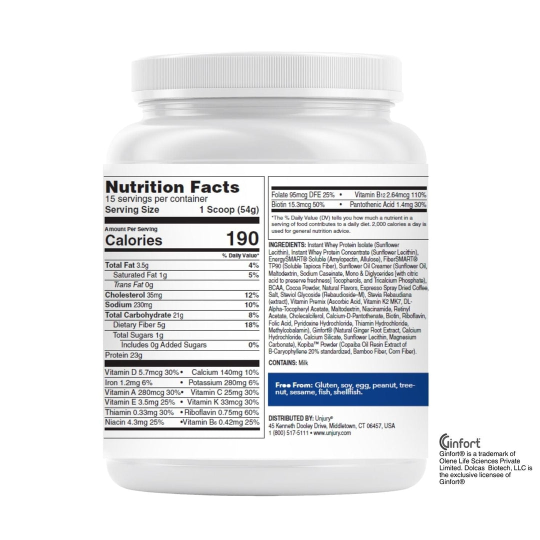 Unjury Protect and Restore Advanced Protein chocolate mocha nutrition facts on container.