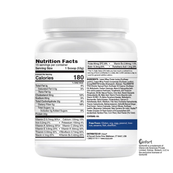 Unjury Protect and Restore Advanced Protein plus Tropical Twist Nutrition facts on container.