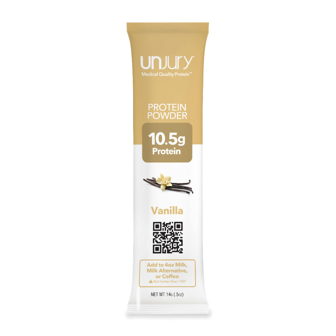 Unjury Vanilla Whey Protein Isolate Single-Serve stick packets.