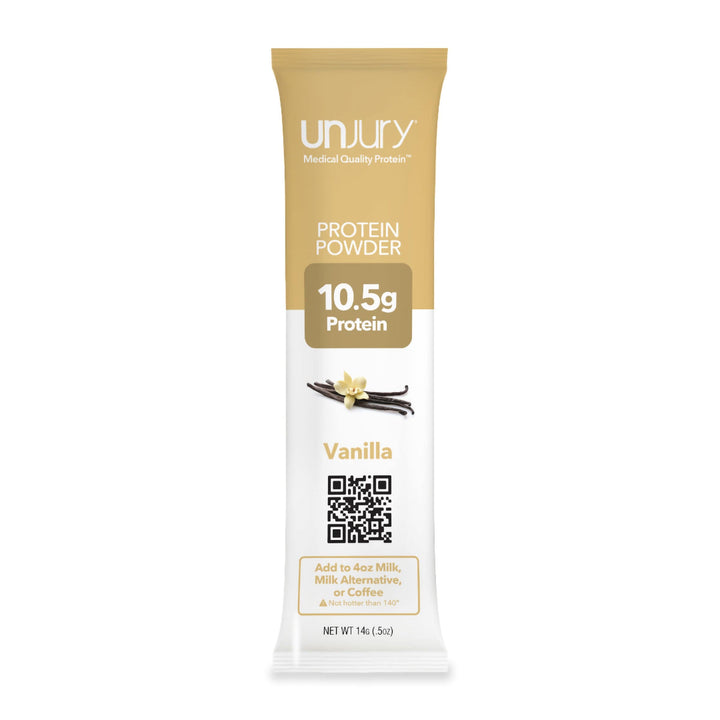 Unjury Vanilla Whey Protein Isolate Single-Serve stick packets.