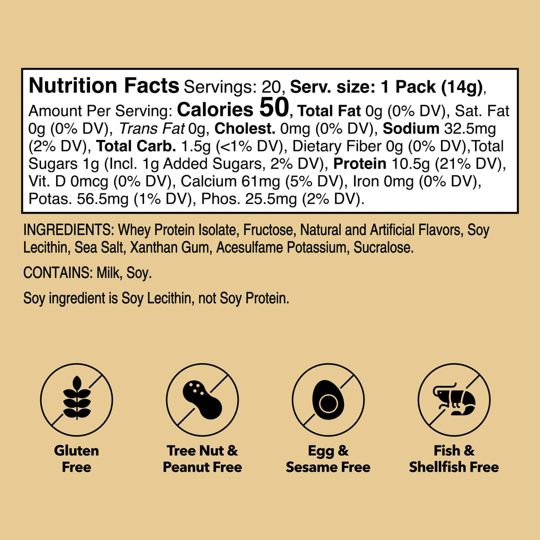 Unjury Vanilla Whey Protein Single-Serve Stick Packets Nutrition Facts.