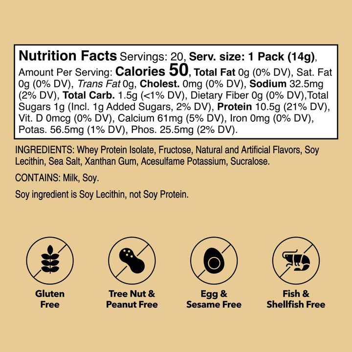 Unjury Vanilla Whey Protein Single-Serve Stick Packets Nutrition Facts.