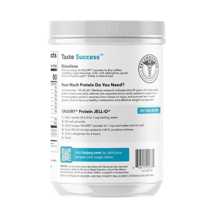 Unjury Unflavored High Whey Protein Powder container side panel