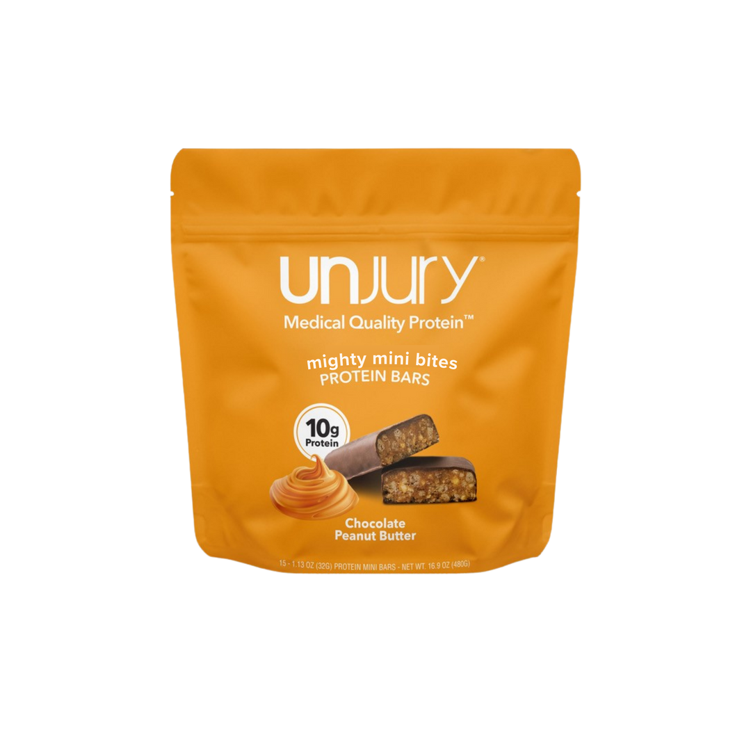 Unjury Chocolate Peanut Butter Mini Protein Bars bag of 15 bars, 10g of protein per bar.