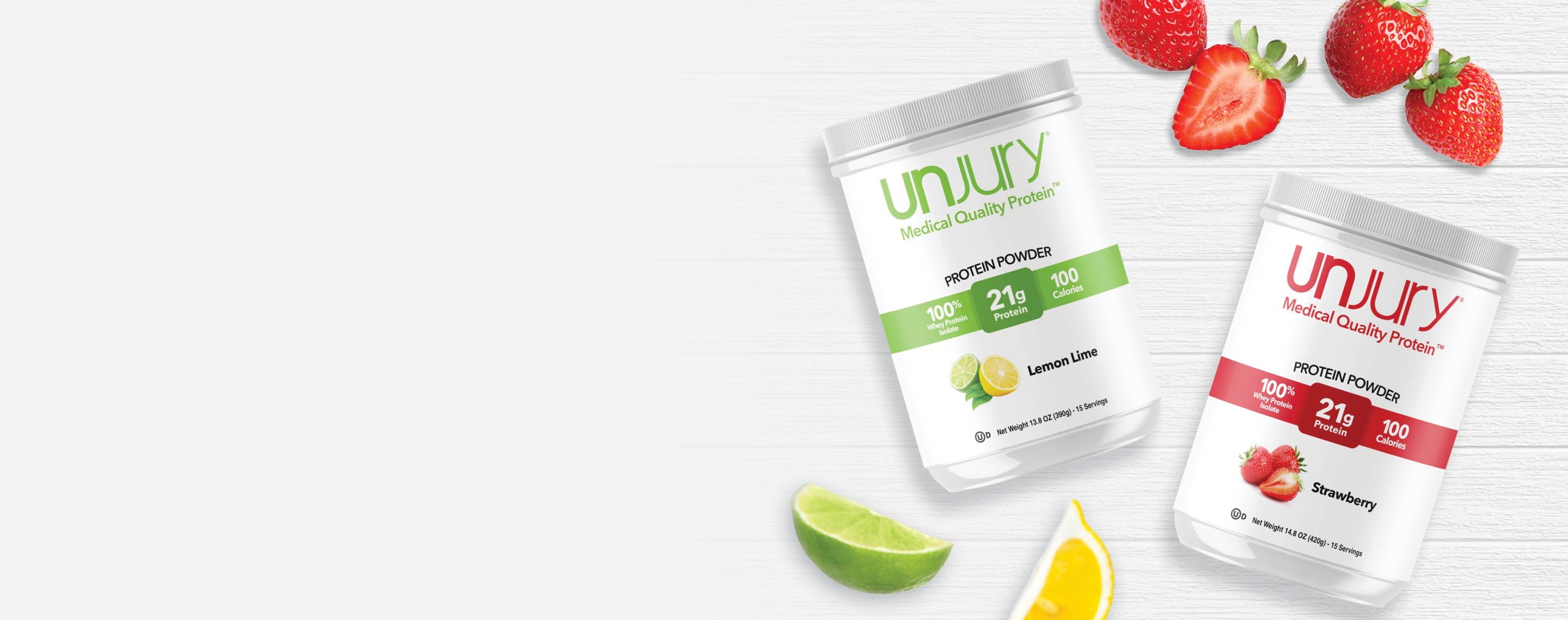 Unjury Protein, the highest quality protein with a variety of flavors including strawberry and lemon-lime.