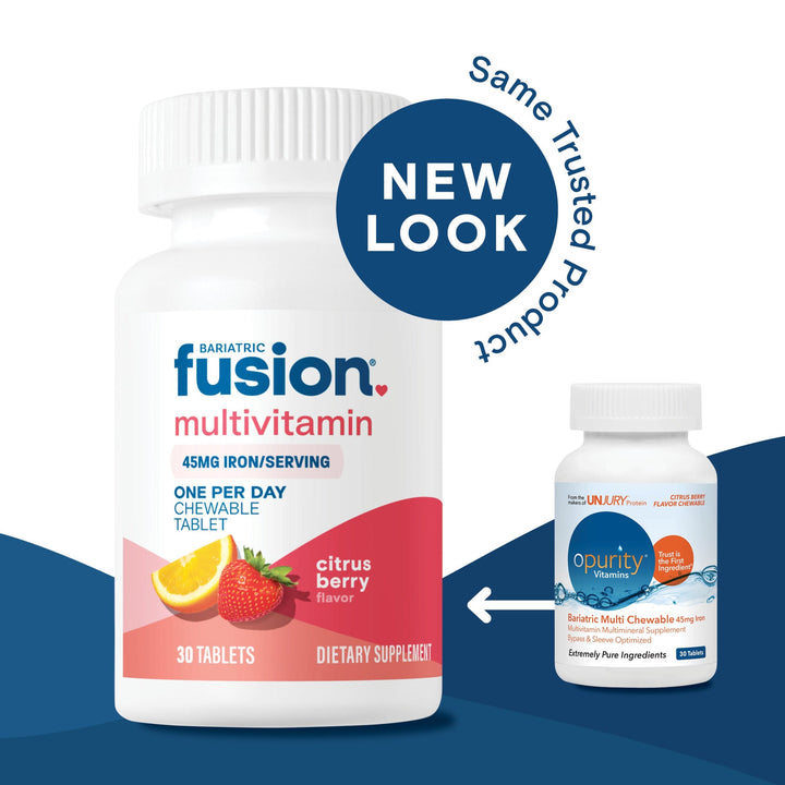 Opurity Chewable Multivitamin is renamed: Bariatric Fusion One Per Day Chewable Multivitamin with 45mg Iron. New look, same trusted product.