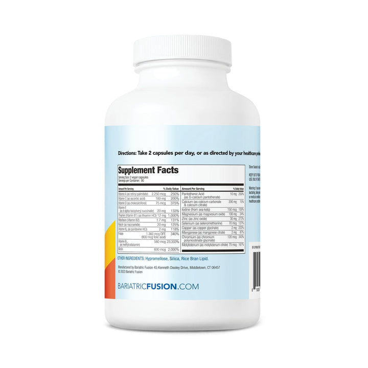 Bariatric Multivitamin Capsule without Iron Supplement Facts on bottle for 180 capsules.