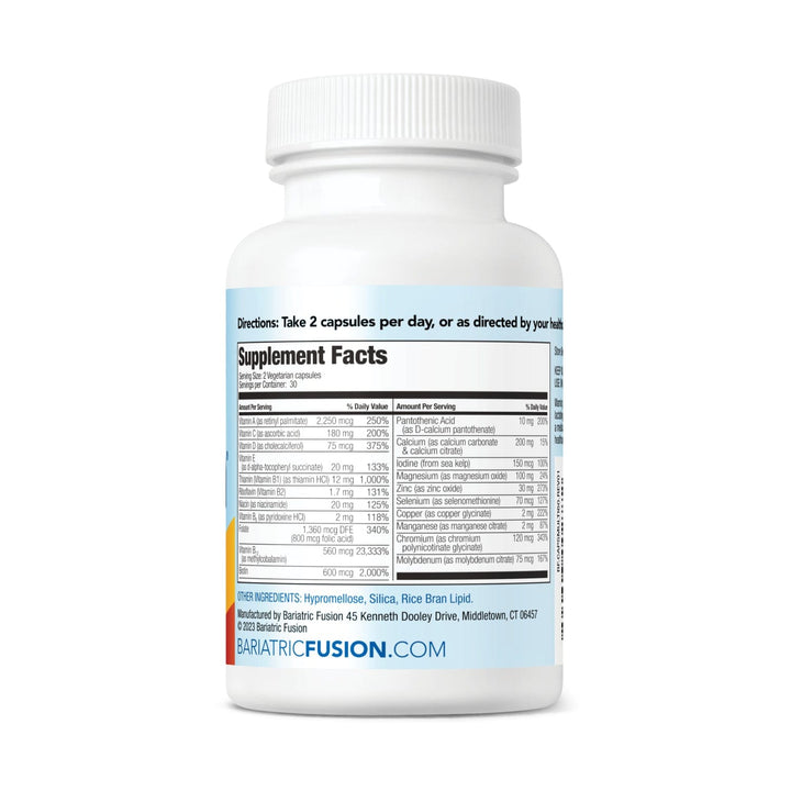 Bariatric Multivitamin Capsule without Iron Supplement Facts panel on bottle.