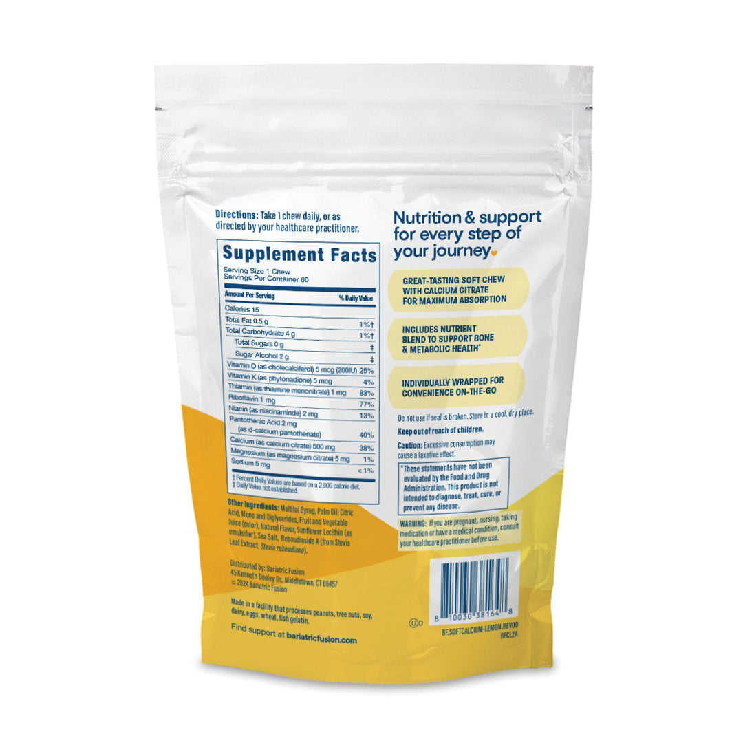 Bariatric Fusion Lemon Calcium Citrate Soft Chew back of bag with supplement facts and upc.