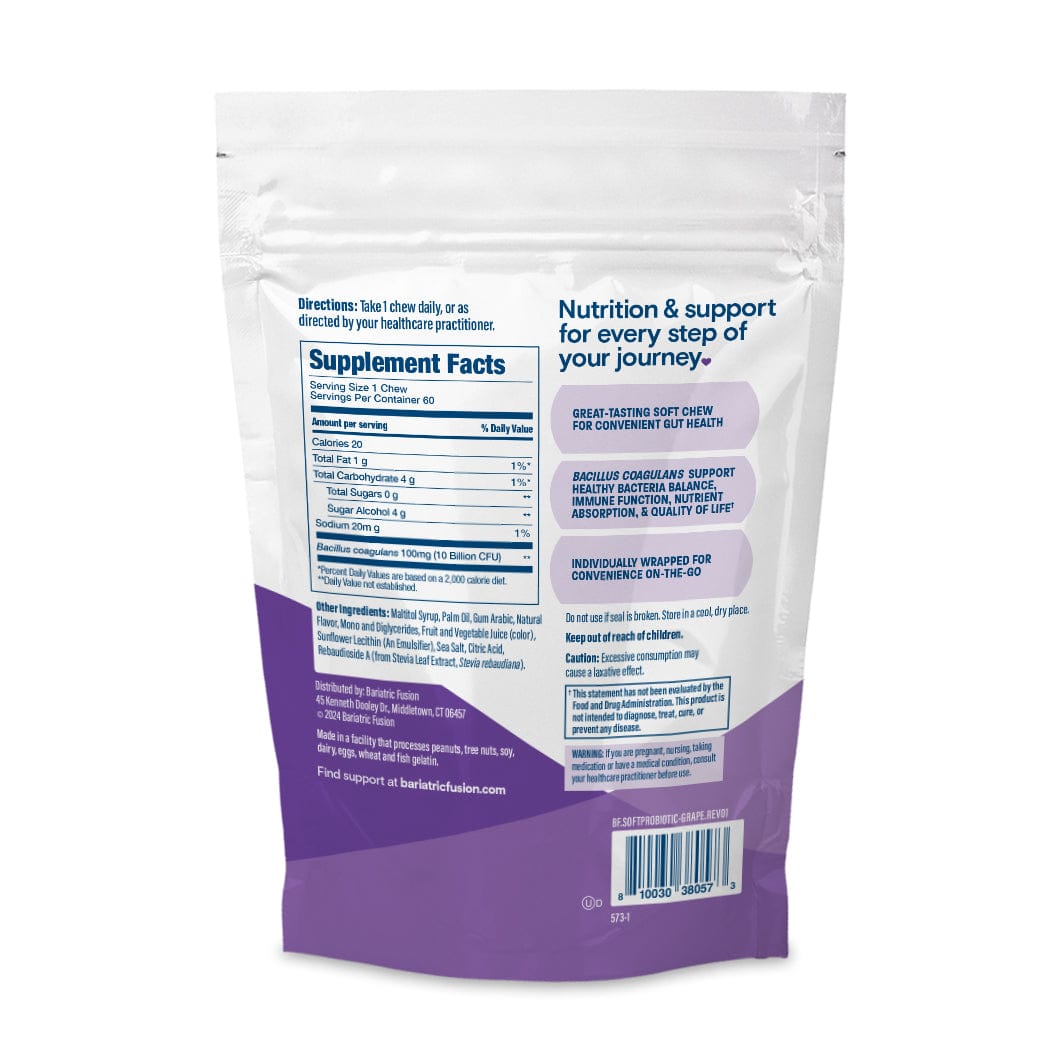 Bariatric Fusion Grape Probiotic Soft Chew suggested use and ingredients.