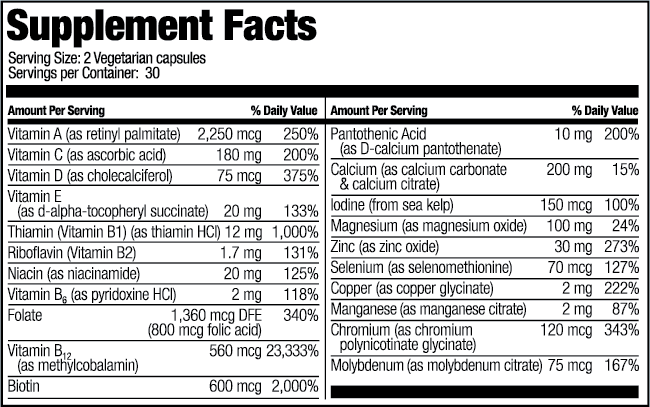 Bariatric Multivitamin Capsule without Iron Supplement Facts panel