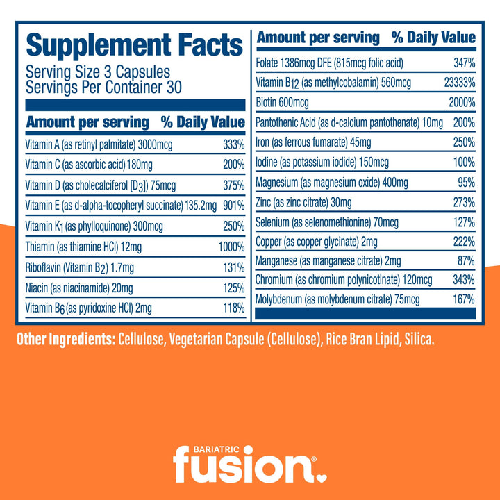 Bariatric Fusion high ADEK multivitamin with 45mg iron 90 capsules supplement facts.