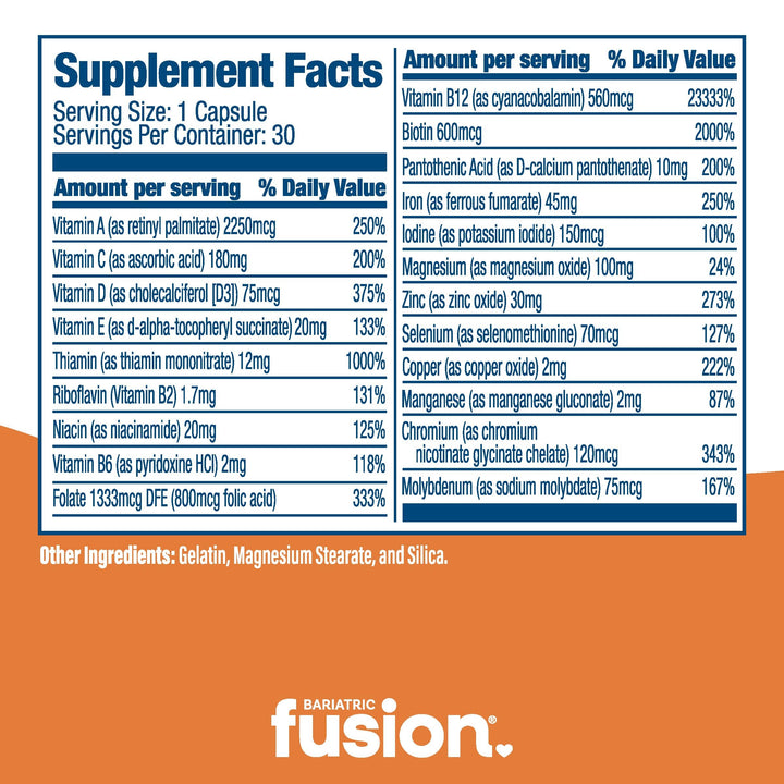 One Per Day Bariatric Multivitamin With Iron 30 capsules supplement facts.