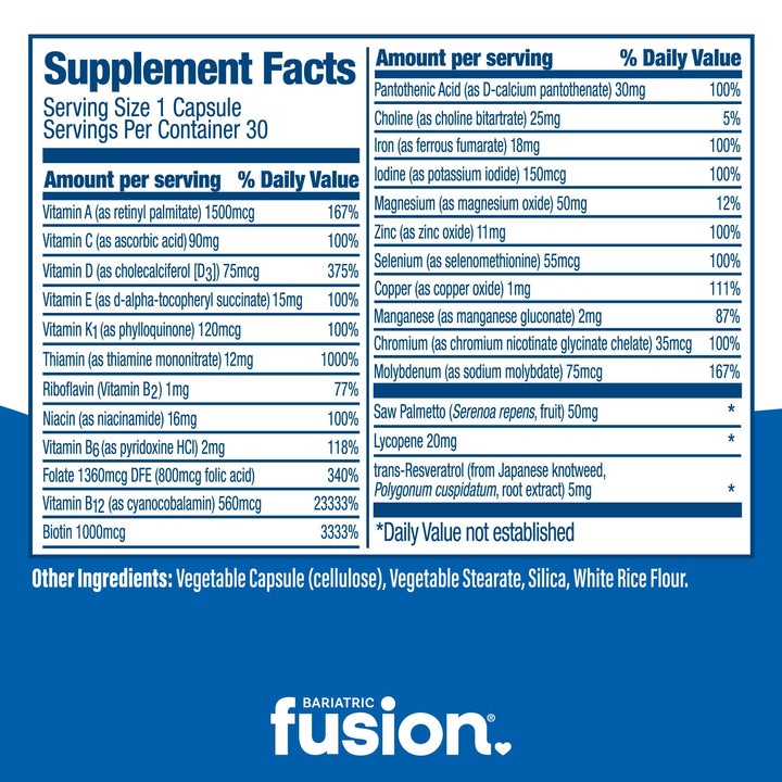 Bariatric Fusion Men’s One Per Day Multivitamin capsules 30 count supplement facts.