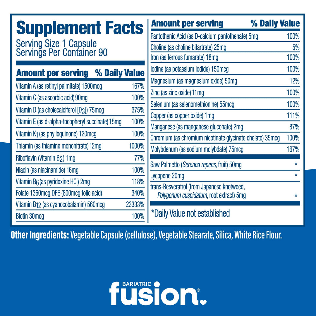 Bariatric Fusion Men’s One Per Day Multivitamin capsules 90 count supplement facts.