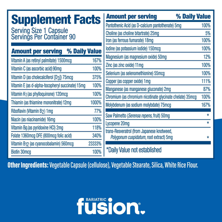 Bariatric Fusion Men’s One Per Day Multivitamin capsules 90 count supplement facts.