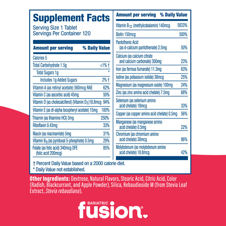 Bariatric Fusion Strawberry Complete Chewable Bariatric Multivitamin supplement facts.