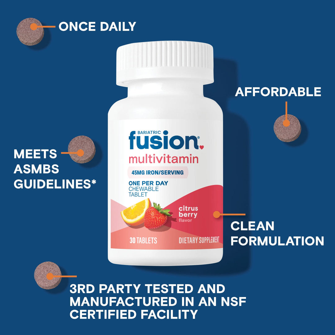 Bariatric Fusion One Per Day Chewable Multivitamin with 45mg Iron is affordable, has a clean formulation, meets ASMBS guidelines, and is third party tested.