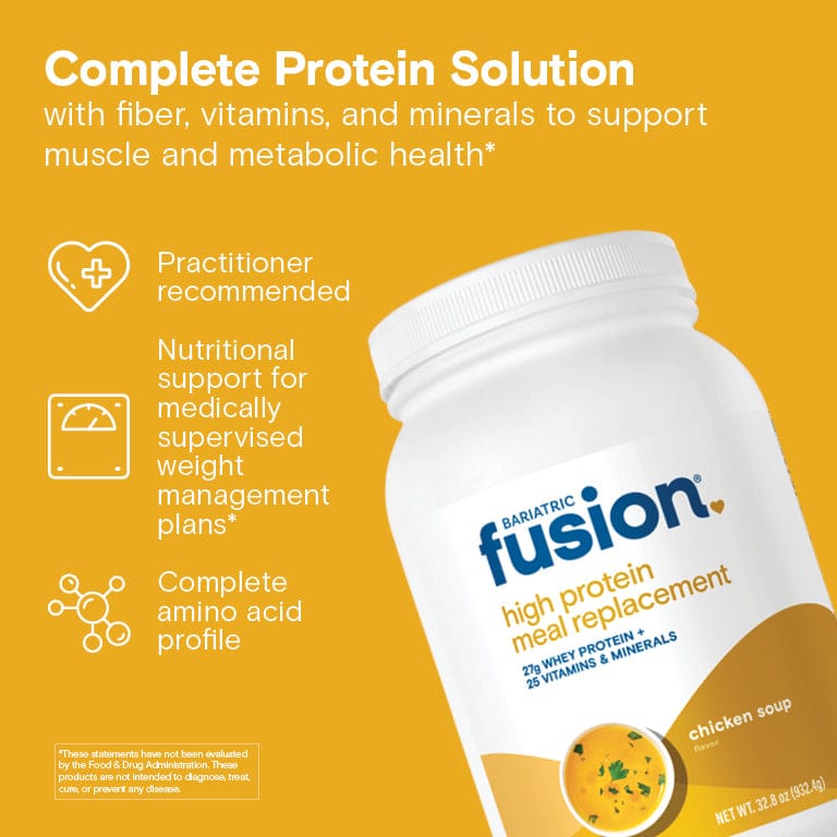 Bariatric Fusion Chicken Soup, a high-protein meal replacement powder is a complete protein solution.