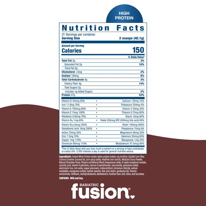 Bariatric Fusion Chocolate High Protein Meal Replacement complete protein supplement facts