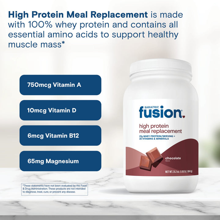 Bariatric Fusion Chocolate High Protein Meal Replacement is made with 100% whey protein and contains all essential amino acids to support healthy muscle mass*