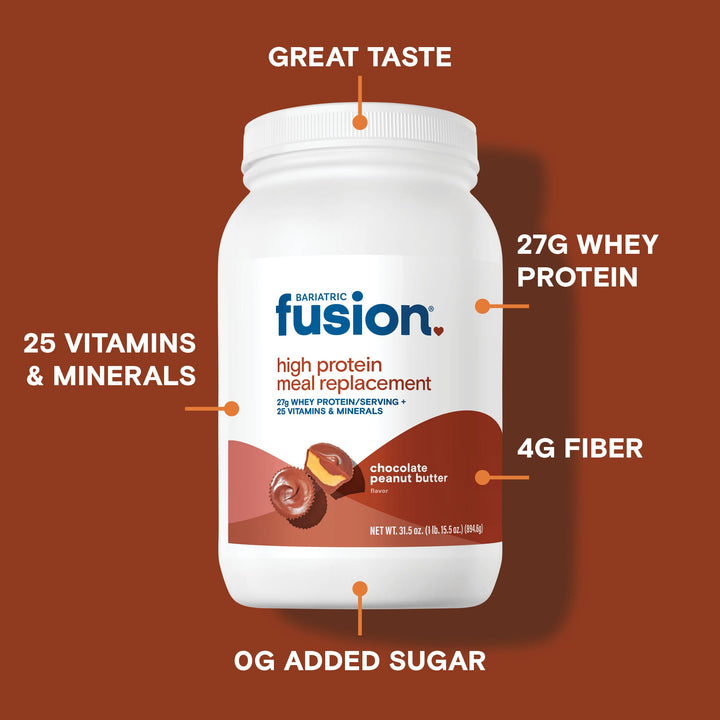 Bariatric Fusion Chocolate Peanut Butter High Protein Meal Replacement provides 27g whey protein, 25 vitamins & minerals, 4g fiber, 0g sugar and also has great taste.