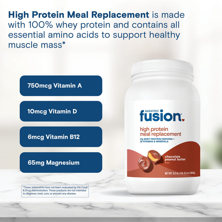 Bariatric Fusion Chocolate Peanut Butter High Protein Meal Replacement is made with 100% whey protein and contains all essential amino acids to support healthy muscle mass*