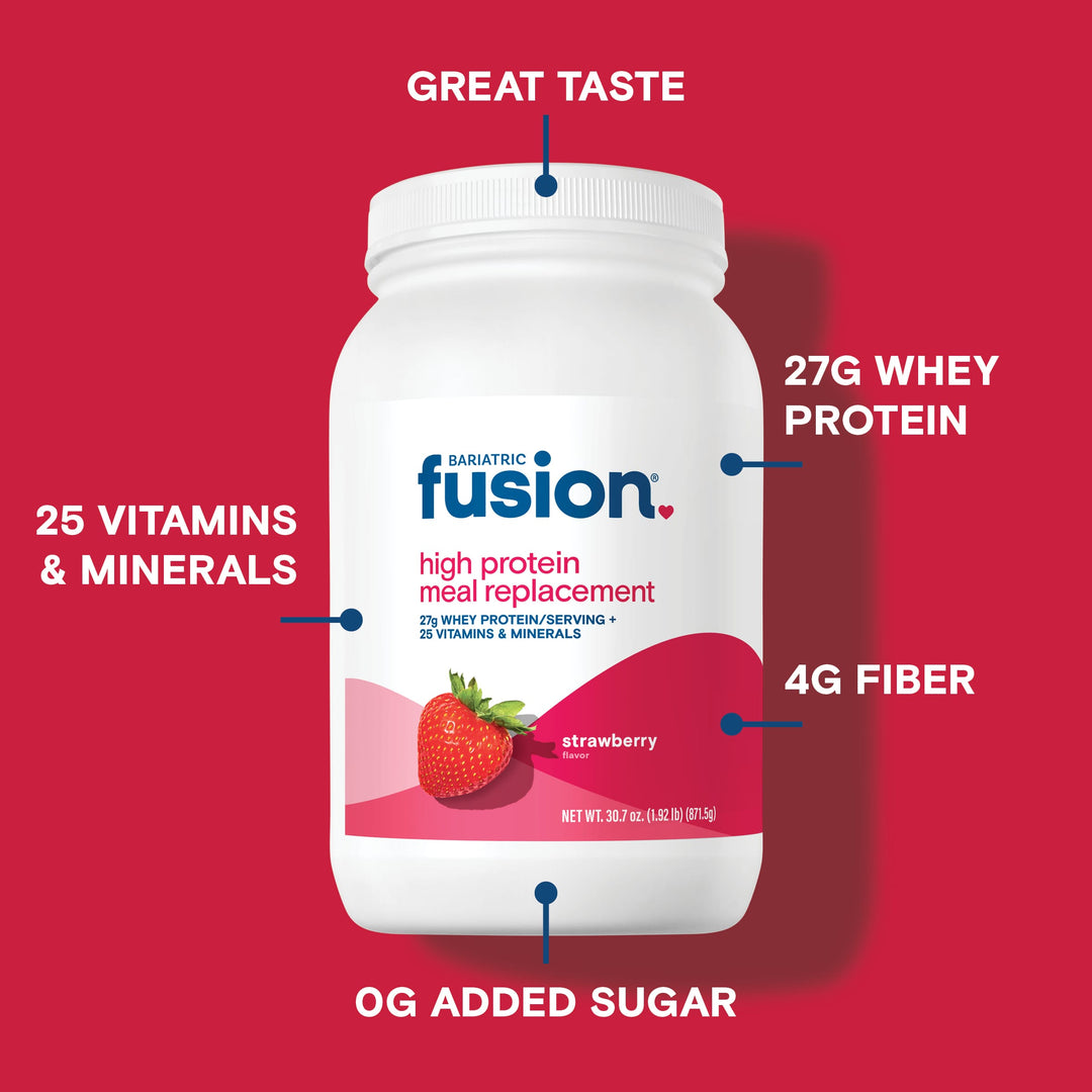 Bariatric Fusion Strawberry High Protein Meal Replacement provides 27g whey protein, 25 vitamins & minerals, 4g fiber, 0g sugar and also has great taste.