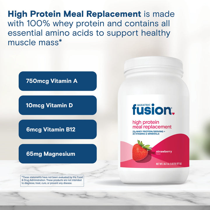Bariatric Fusion Strawberry High Protein Meal Replacement is made with 100% whey protein and contains all essential amino acids to support healthy muscle mass*