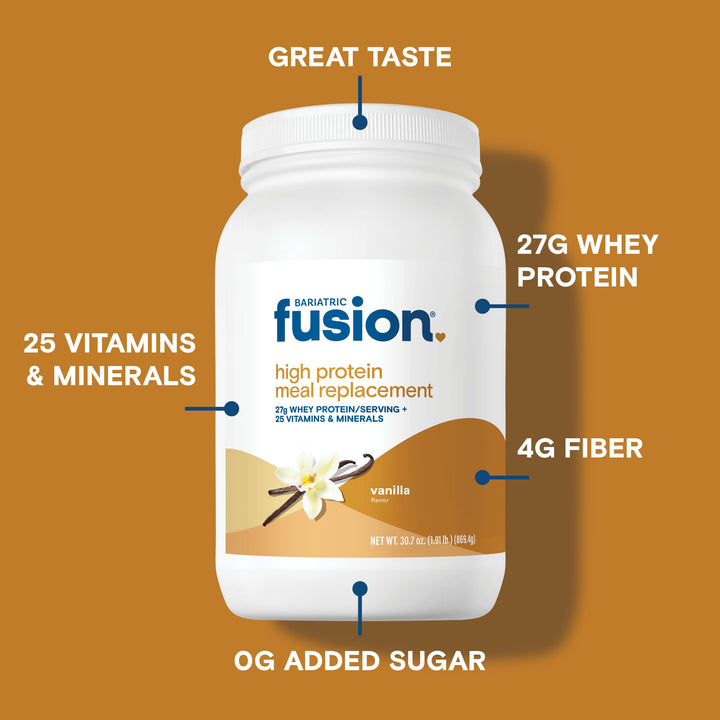 Bariatric Fusion Vanilla High Protein Meal Replacement provides 27g whey protein, 25 vitamins & minerals, 4g fiber, 0g sugar and also has great taste.