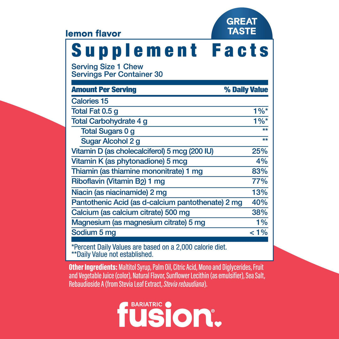 Bariatric Calcium Citrate Soft Chew Fruit Variety Pack lemon flavor supplement facts.