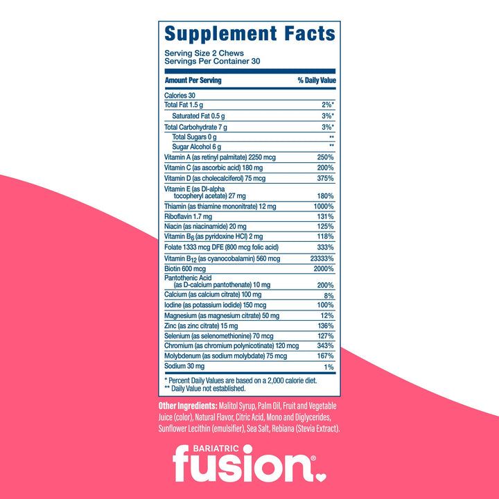 Bariatric Fusion Cherry Pineapple Bariatric Multivitamin Soft Chews supplement facts.