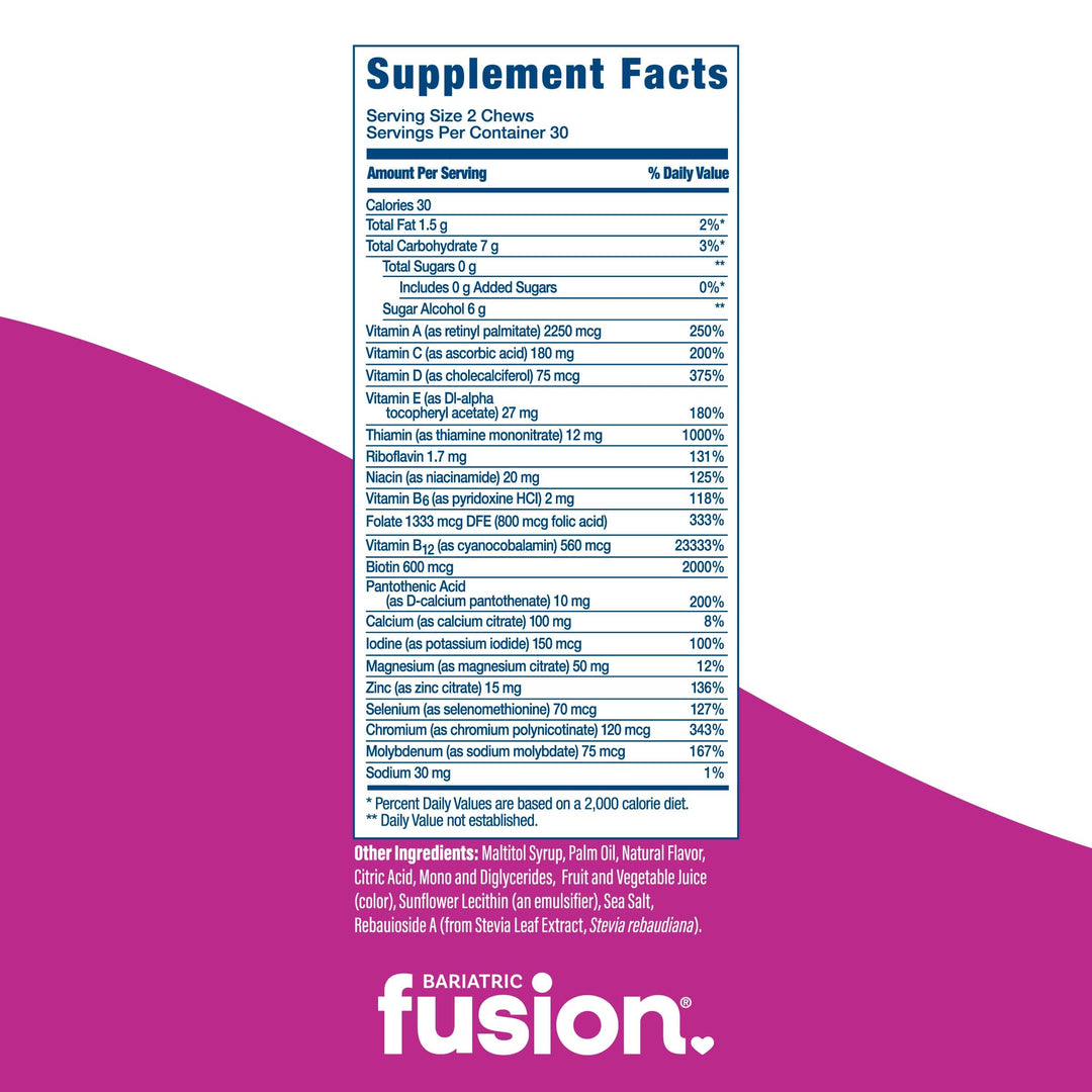 Bariatric Fusion Mixed Berry Bariatric Multivitamin Soft Chew supplement facts.