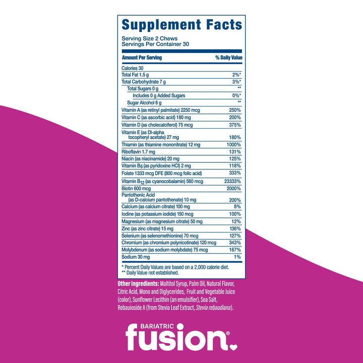 Bariatric Fusion Mixed Berry Bariatric Multivitamin Soft Chew supplement facts.