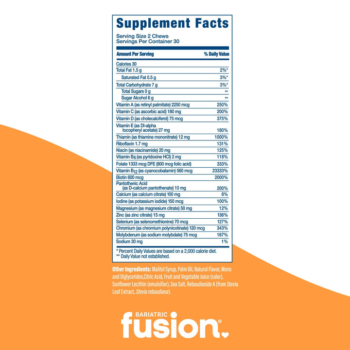 Bariatric Fusion Tropical Fruit Bariatric Multivitamin Soft Chews supplement facts.