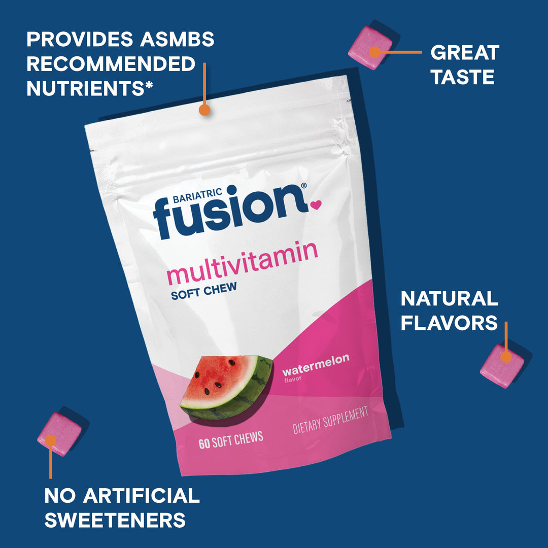 Bariatric Fusion Watermelon Multivitamin Soft Chew provide ASMBS recommended nutrients, taste great, and do not include artificial sweeteners.