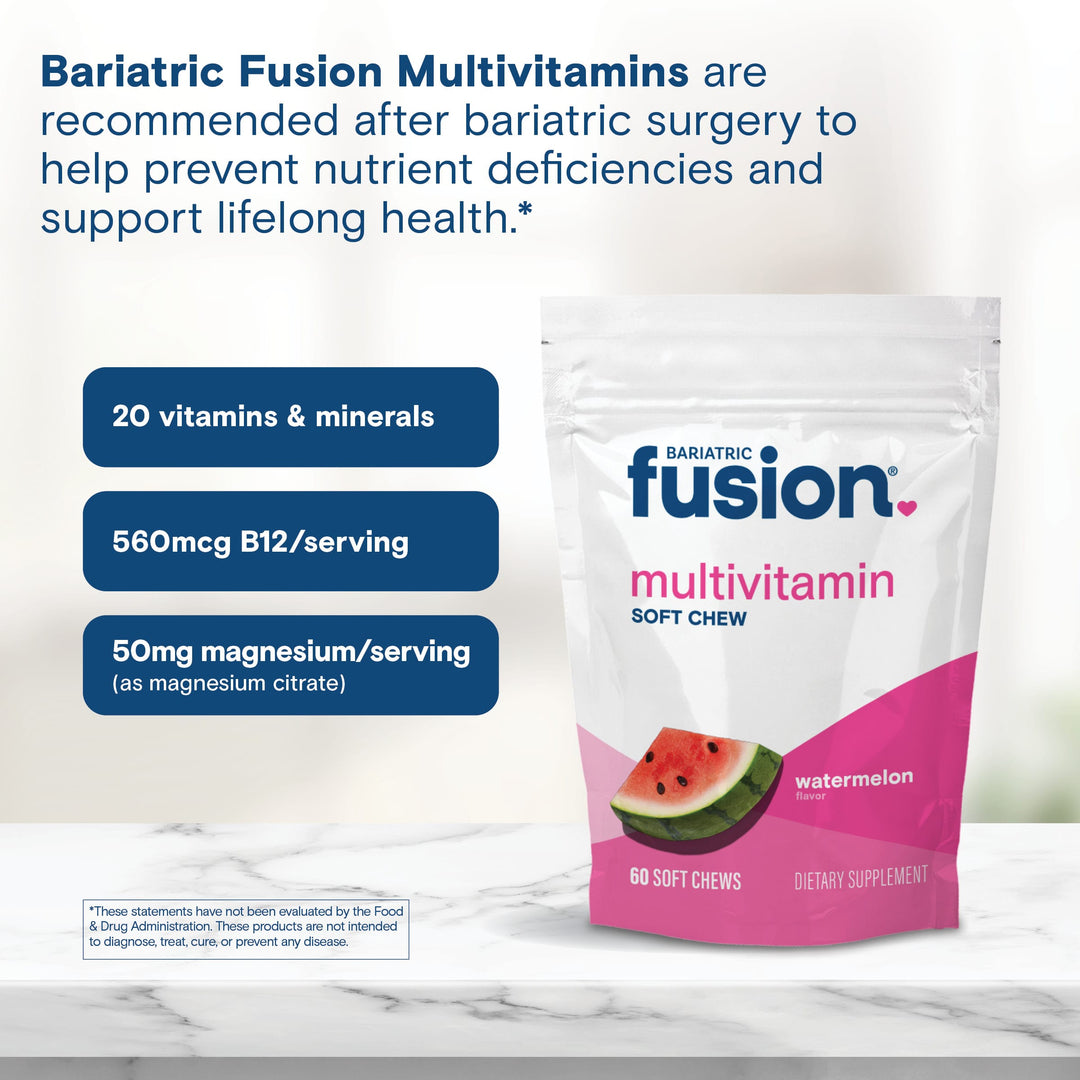 Bariatric Fusion Watermelon Multivitamin Soft Chew are recommended after surgery to help prevent deficiencies and support lifelong health.*