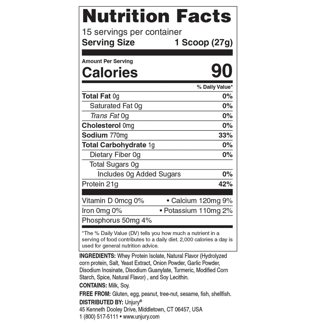 Unjury Chicken Soup High Whey Protein Powder Nutrition Facts Panel