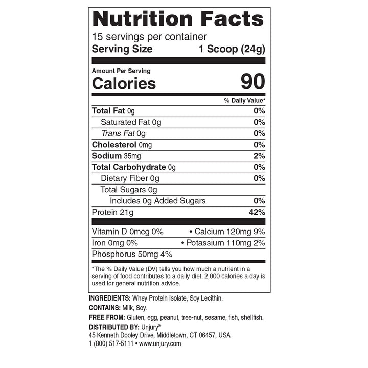 Unjury Unflavored High Whey Protein Powder nutrition facts.