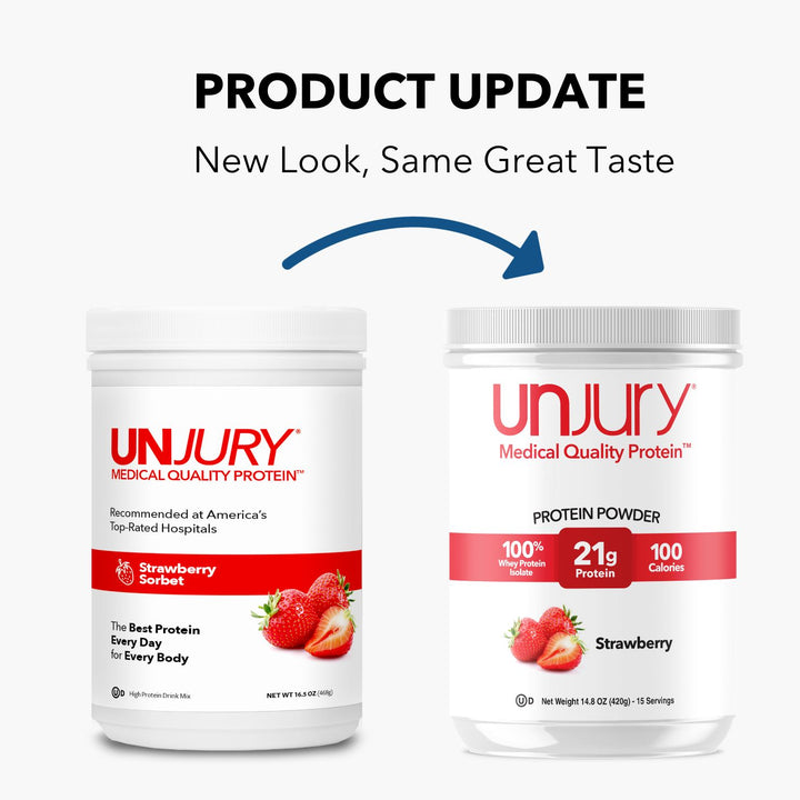 Unjury Strawberry High Whey Protein Powder. New look, same great taste.