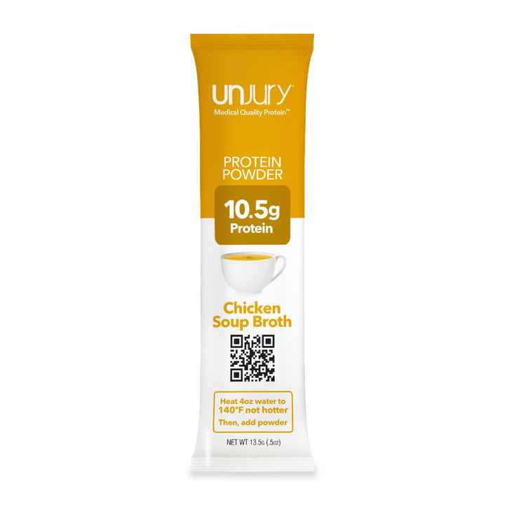 Unjury Chicken Soup Whey Protein Isolate Single-Serve Stick packet.